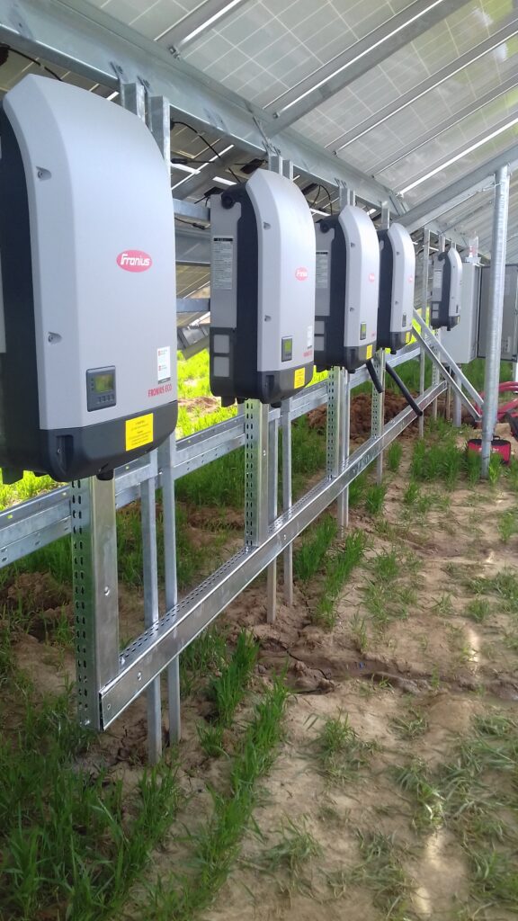 A series of five gray and white Fronius Eco inverters are mounted in a row on a silver metal frame, connecting a large solar panel array. The inverters have red logos and small display screens on their lower left corners. The ground beneath the inverters is a mix of green grass and dirt.
