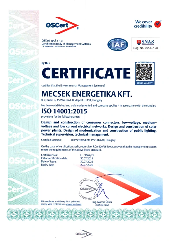 ISO14001 tanúsítvány -angol