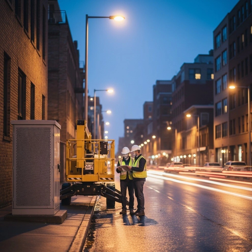 Photorealistic evening city street with new LED streetlights and a compact substation cabinet, engineers checking documents near a utility boom lift, warm clean lighting, no text or logos.